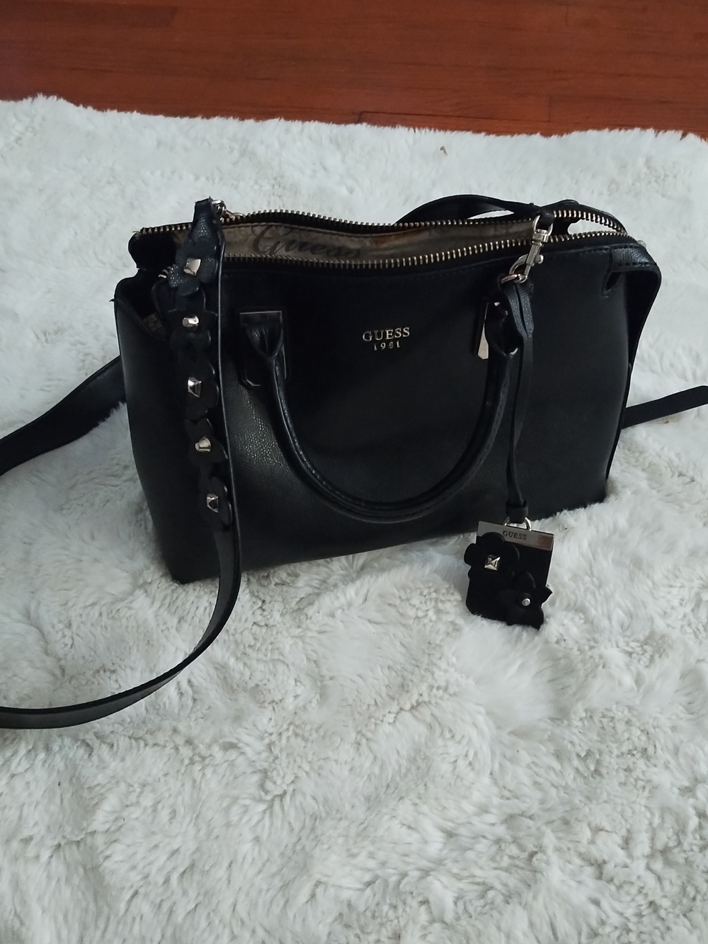 GUESS Black Leather Satchel with Studded Strap